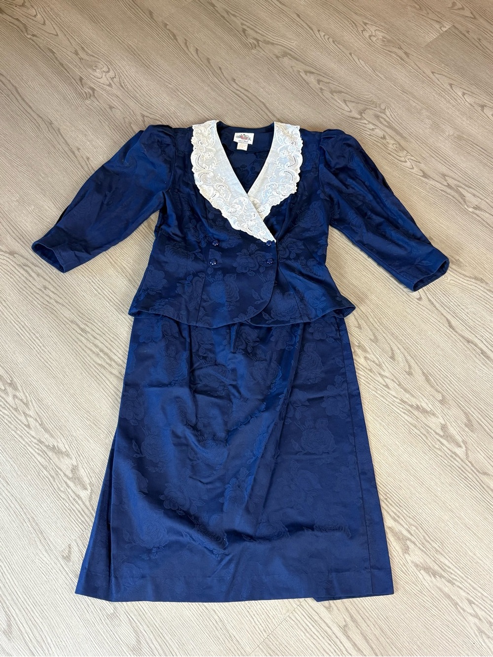 Navy Blue Women's Two-Piece Dress Suit with White Lace Collar